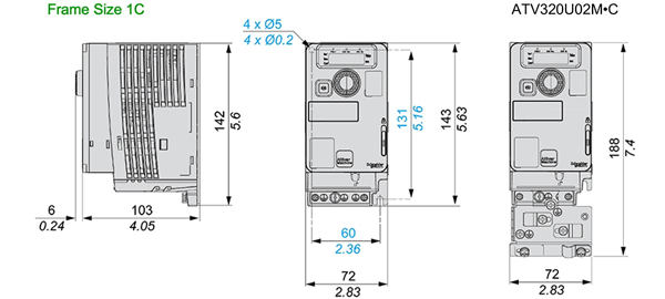 Kích thước Biến tần Schneider ATV320U02M2C 0.18kW - 0.25Hp - 1P 220V