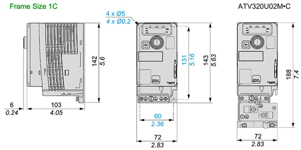 Kích thước biến tần Schneider ATV320U02M3C 0.18kW 0.25Hp 3P 220V