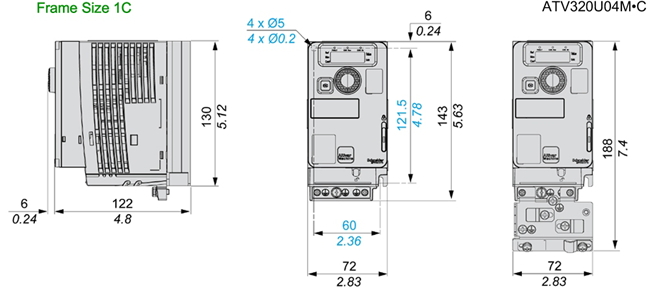 Kích thước biến tần Schneider ATV320U04M3C 0.37kW 0.5Hp 3P 220V