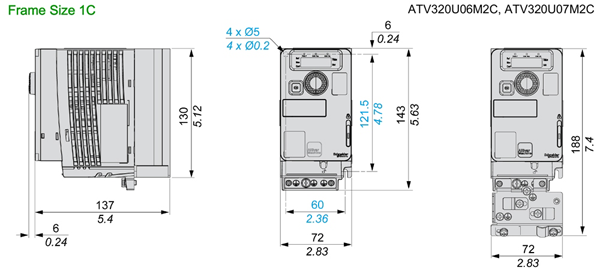 Kích thước Biến tần Schneider ATV320U06M2C 0.55kW - 0.75Hp - 1P 220V