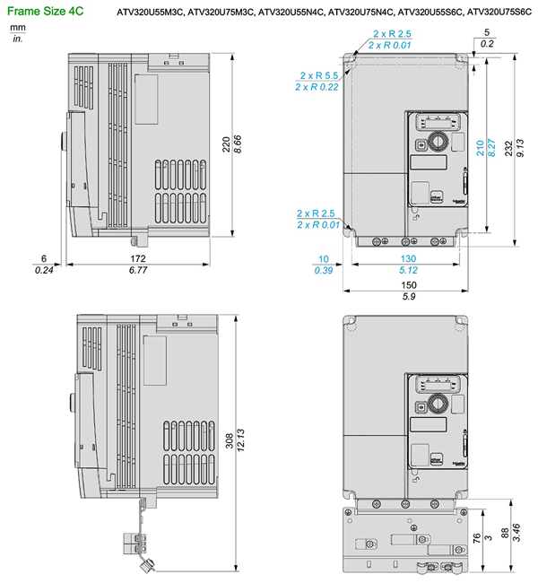 Kích thước biến tần Schneider ATV320U06M3C 0.55kW 0.75Hp 3P 220V