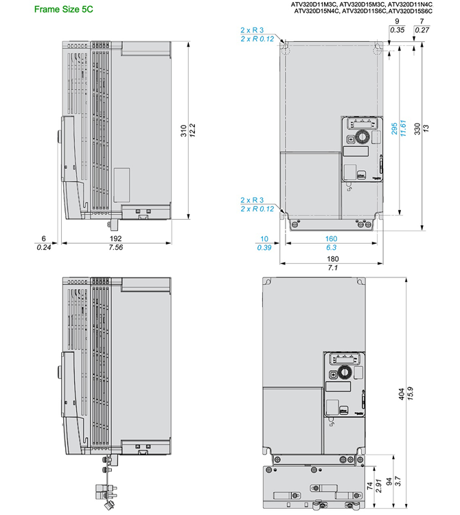 Kích thước biến tần Schneider ATV320U75M3C 7.5kW 10Hp 3P 220V