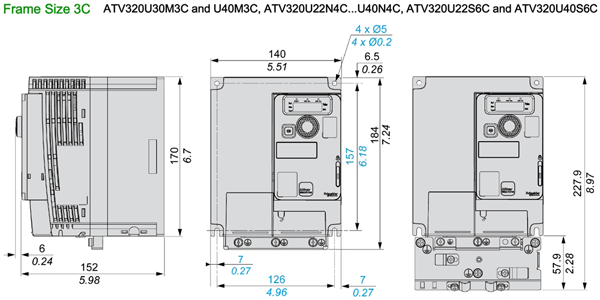 Kích thước biến tần Schneider ATV320U30M3C 3kW 4Hp 3P 220V