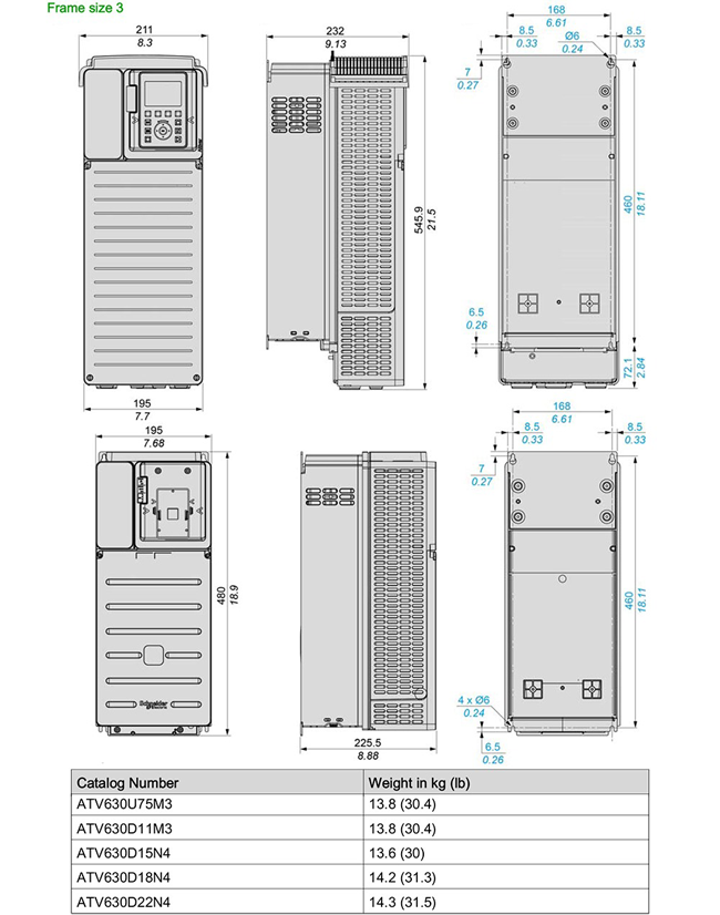  Kích thước biến tần Schneider ATV630U75M3 3P 220V 7.5kW